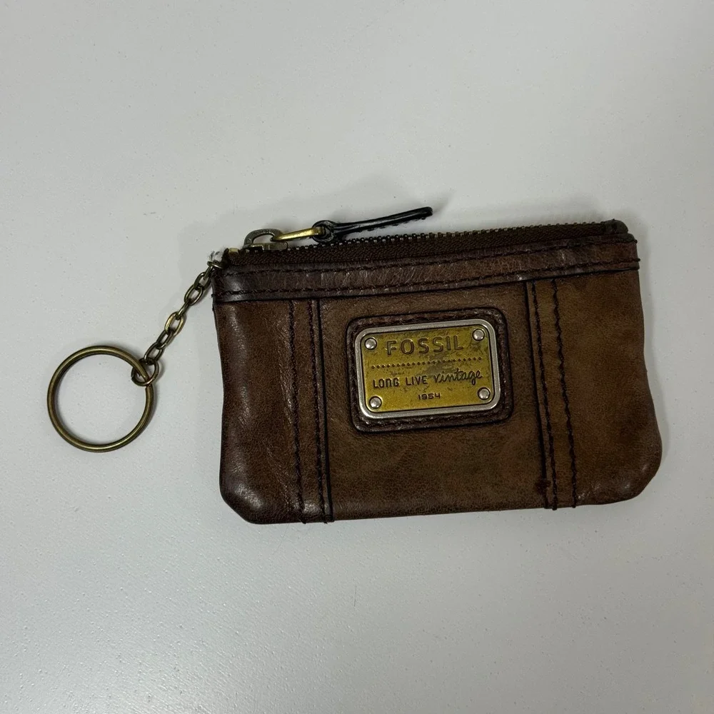 Fossil Vintage Brown Leather Coin Purse Keychain ID Holder Wallet